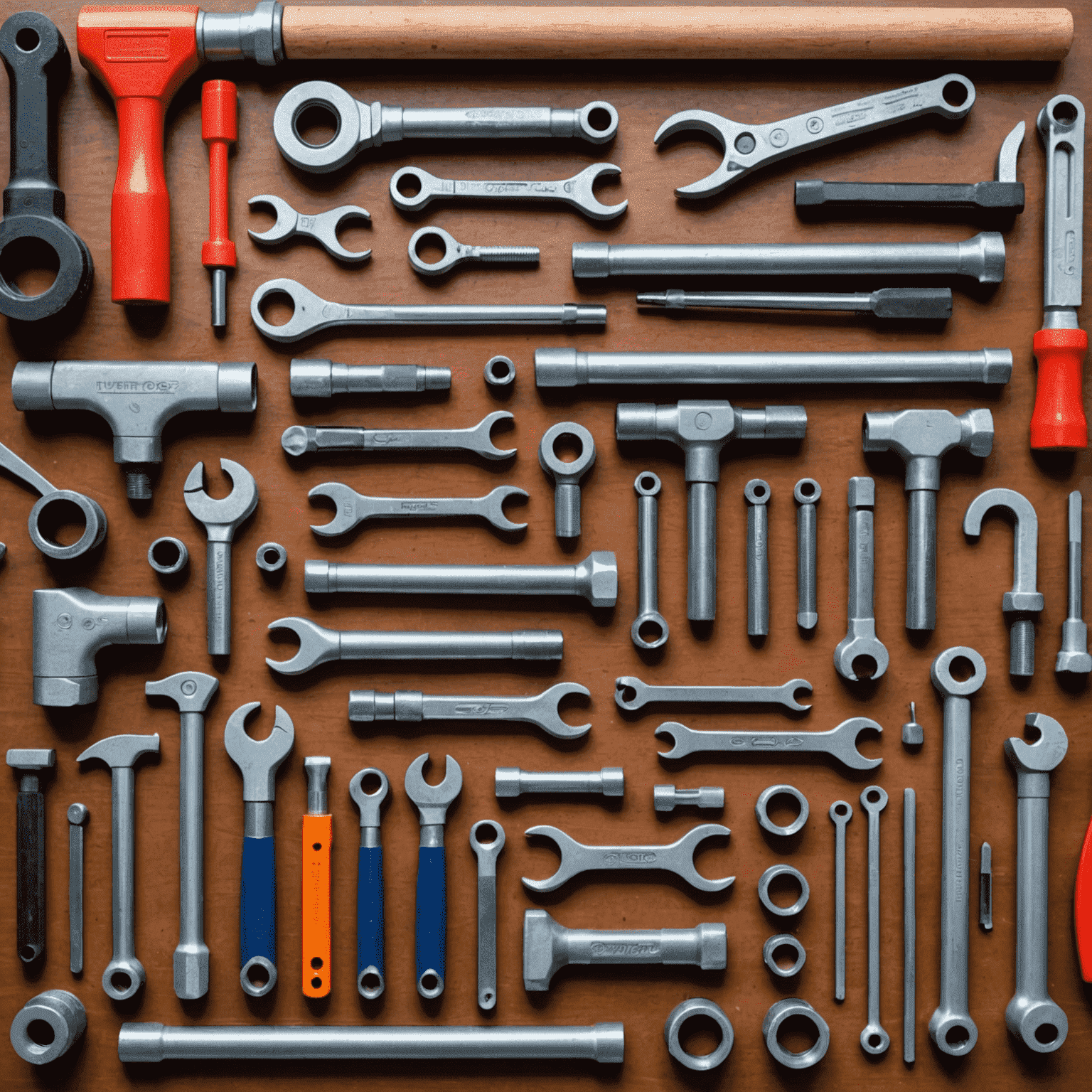 Various professional plumbing tools including wrenches, pipe cutters, and plungers arranged neatly on a workbench