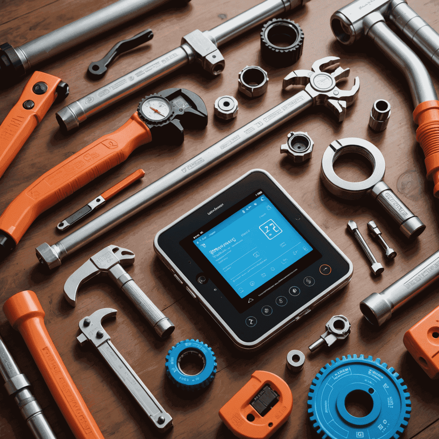 A collection of modern plumbing tools including a smart pipe wrench, digital leak detector, and augmented reality pipe mapping device