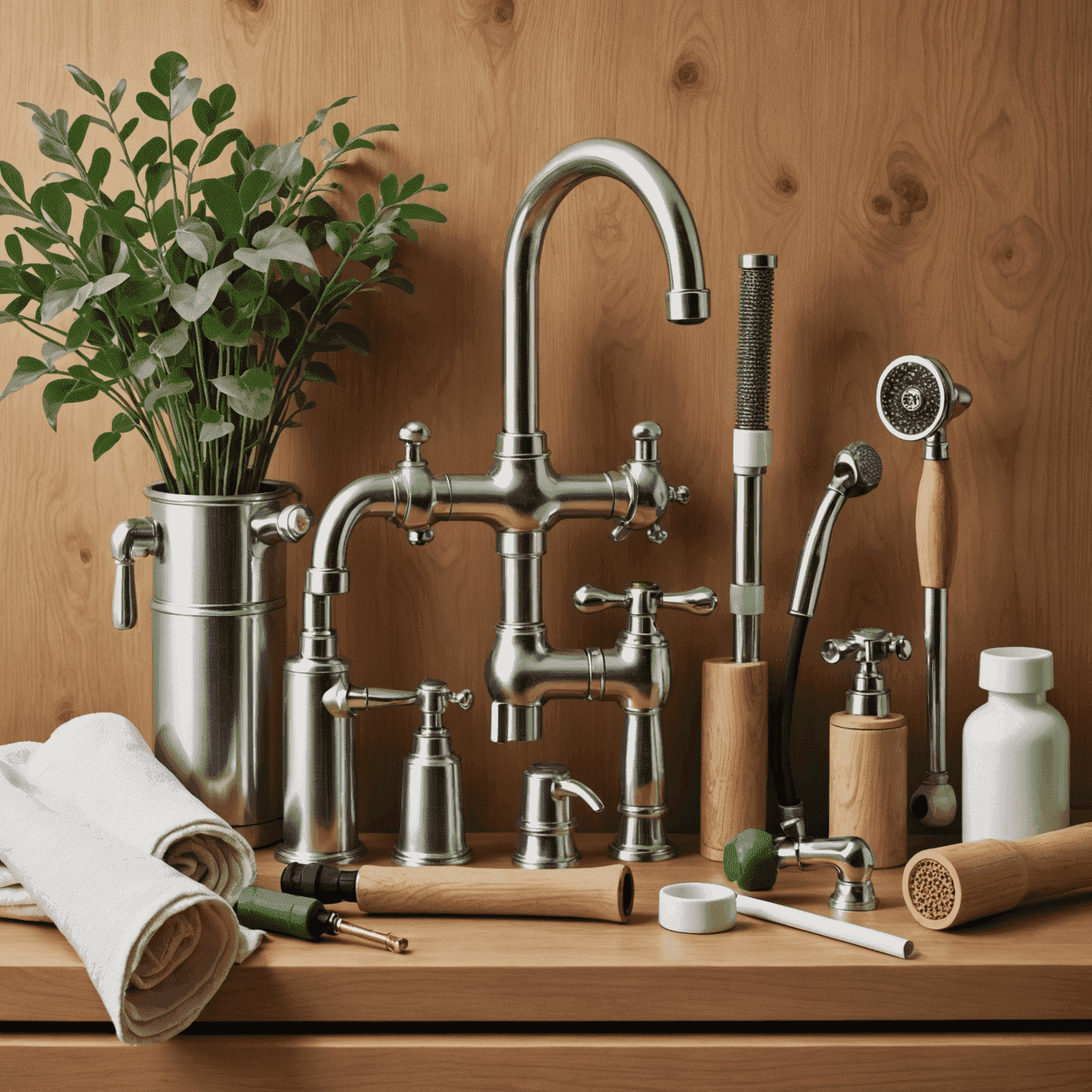 A collection of eco-friendly plumbing tools including water-saving faucets, low-flow showerheads, and pipe insulation materials
