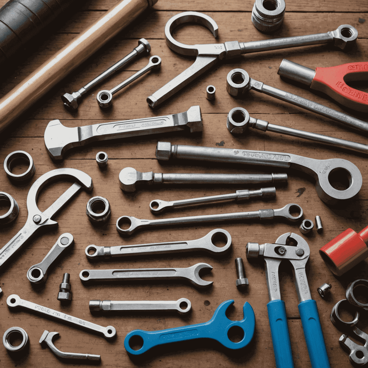 A collection of essential plumbing tools laid out on a workbench, including a pipe wrench, plunger, plumber's tape, and adjustable wrench