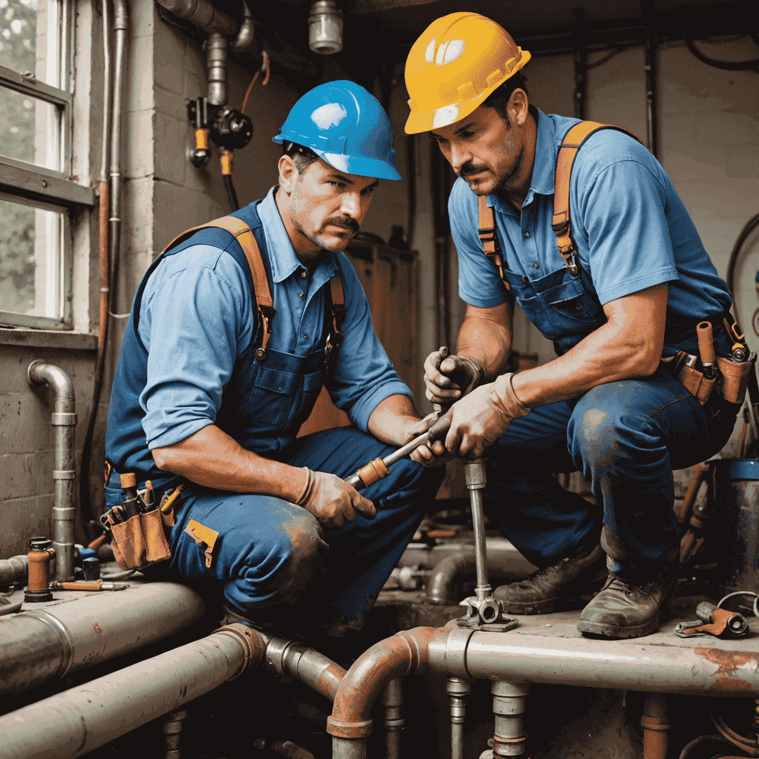 Plumber repairing a broken pipe with specialized tools