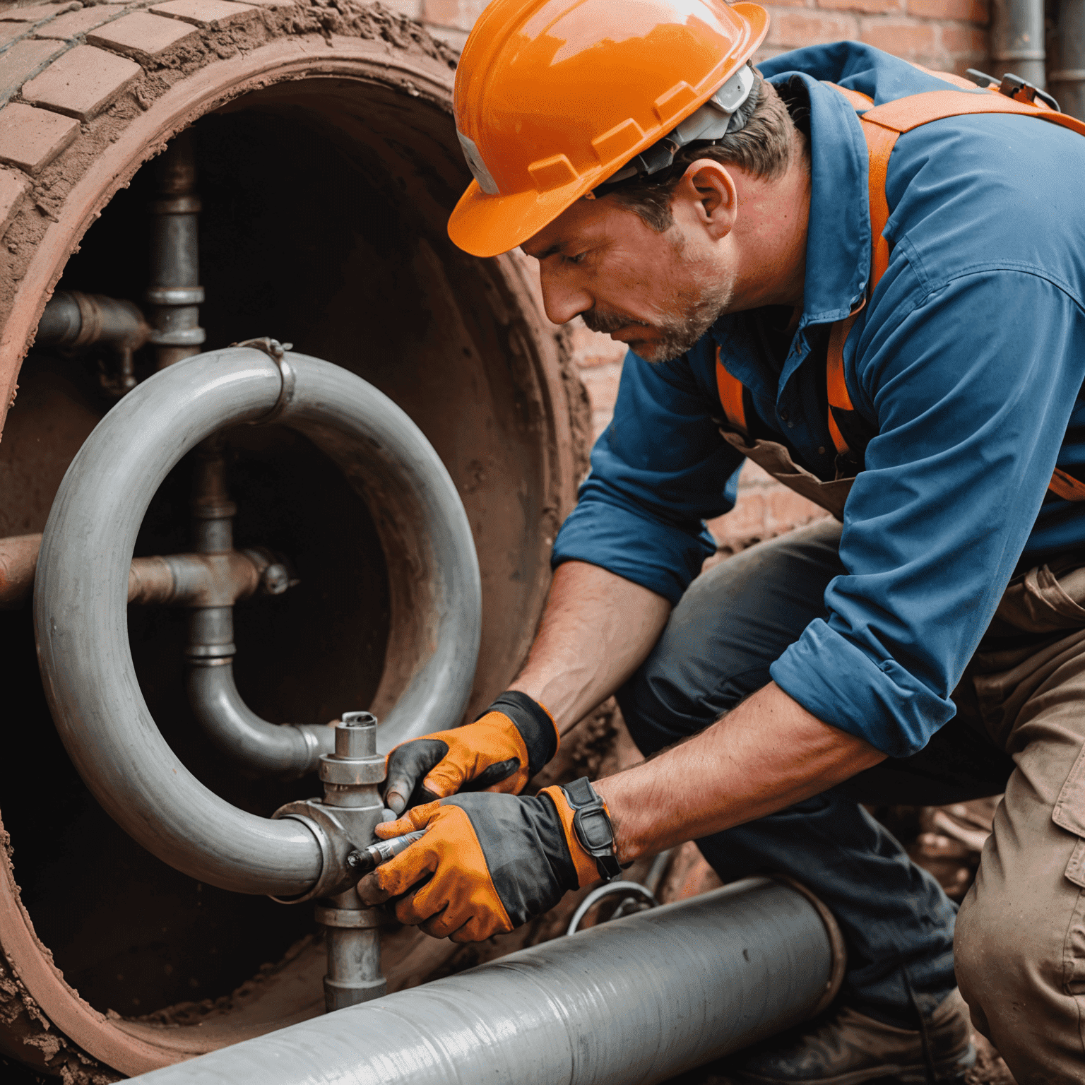 A skilled plumber repairing a damaged pipe using specialized tools. The technician is wearing safety gear and concentrating on fixing a visible crack in a large metal pipe.