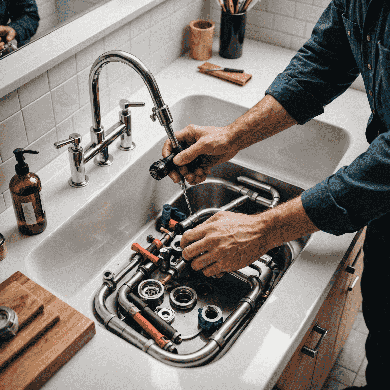 A plumber installing a modern sink in a stylish bathroom. The image shows the plumber's hands carefully connecting pipes under the sink, with various plumbing tools neatly arranged nearby.