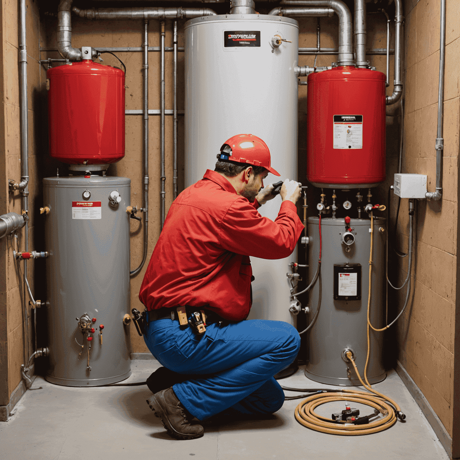 A plumber installing a modern water heater in a residential basement. The plumber is wearing a red uniform and using specialized plumbing tools.