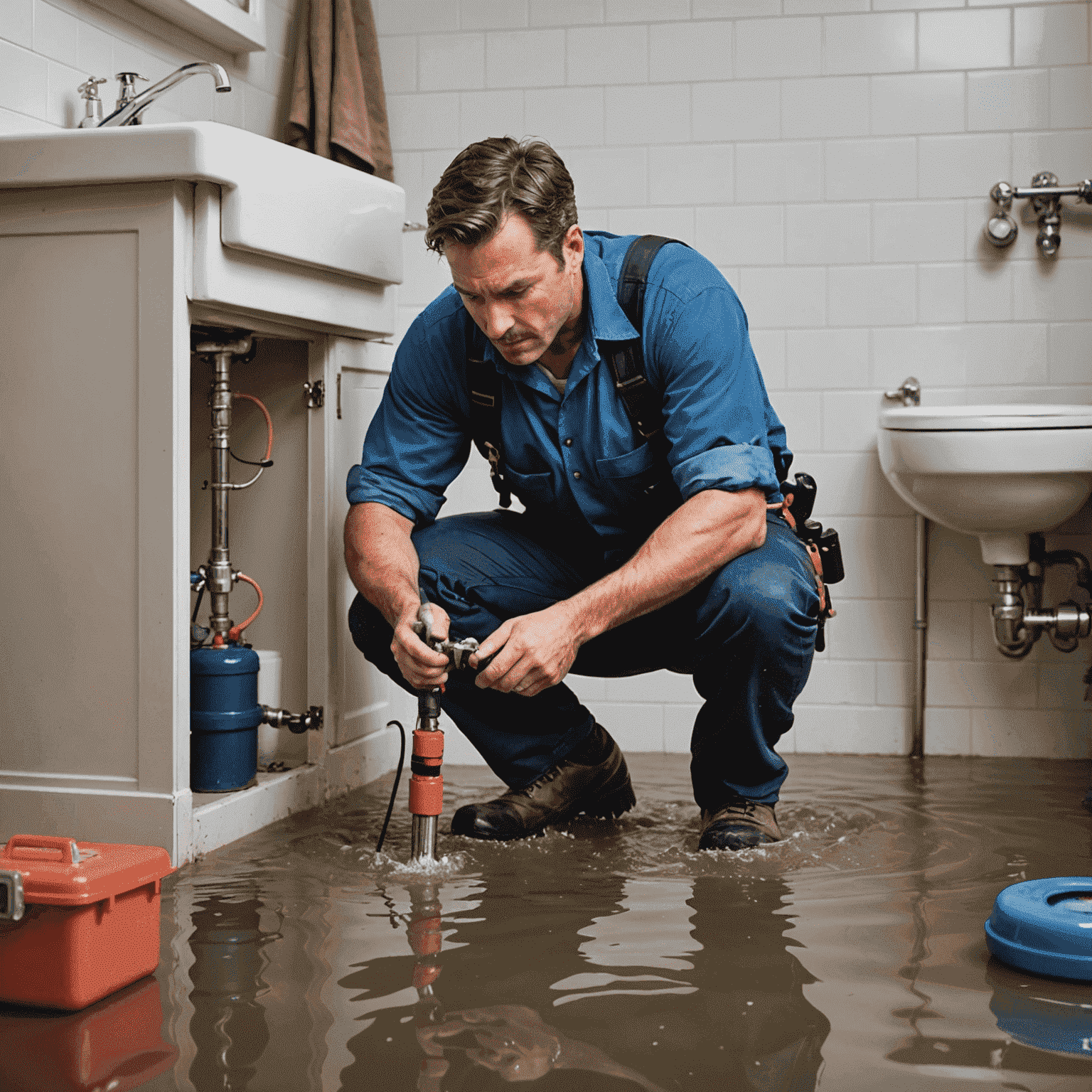 Emergency plumber fixing a burst pipe in a flooded bathroom, using specialized plumbing tools