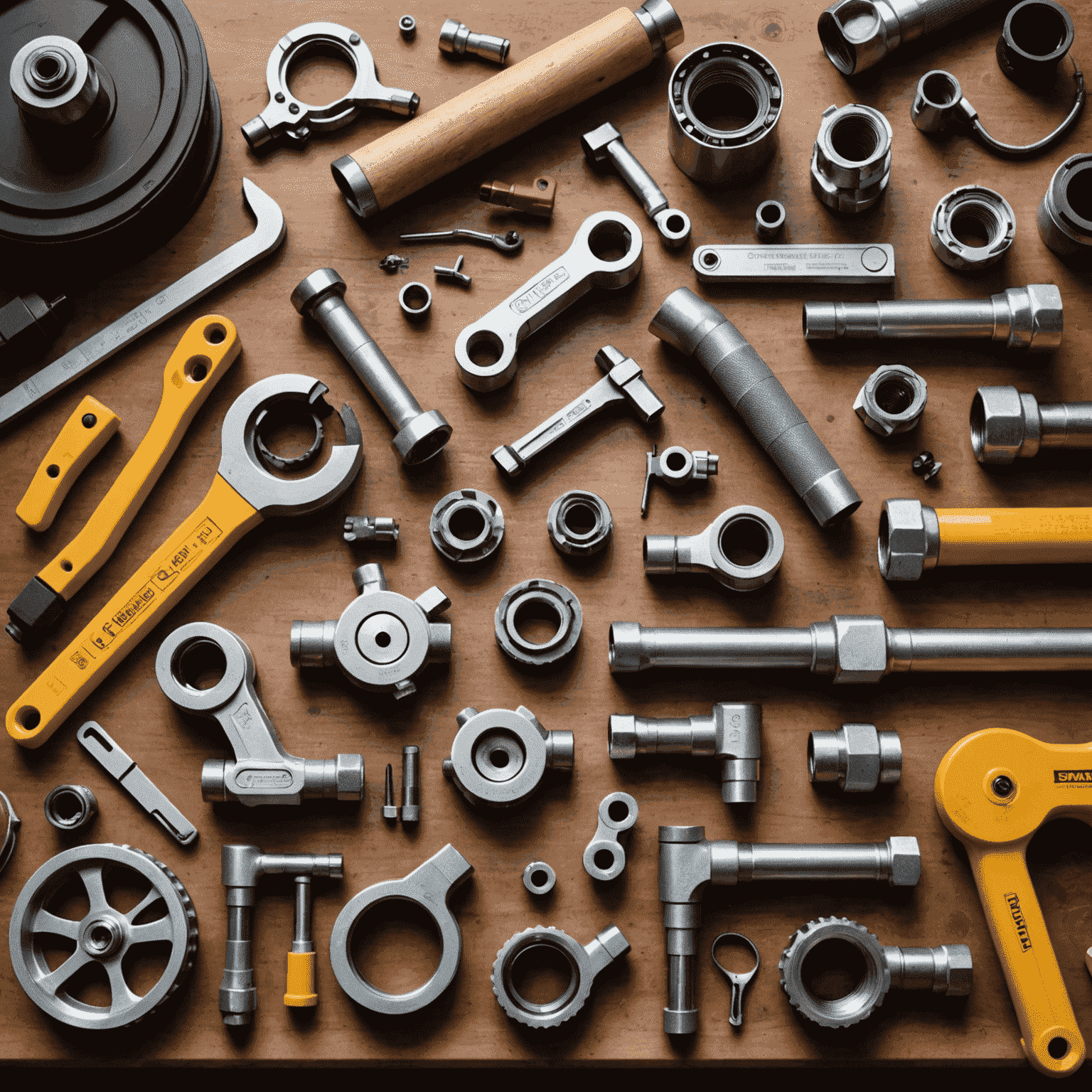 Various innovative plumbing tools laid out on a workbench, including high-tech pipe cutters, smart leak detectors, and advanced drain cameras