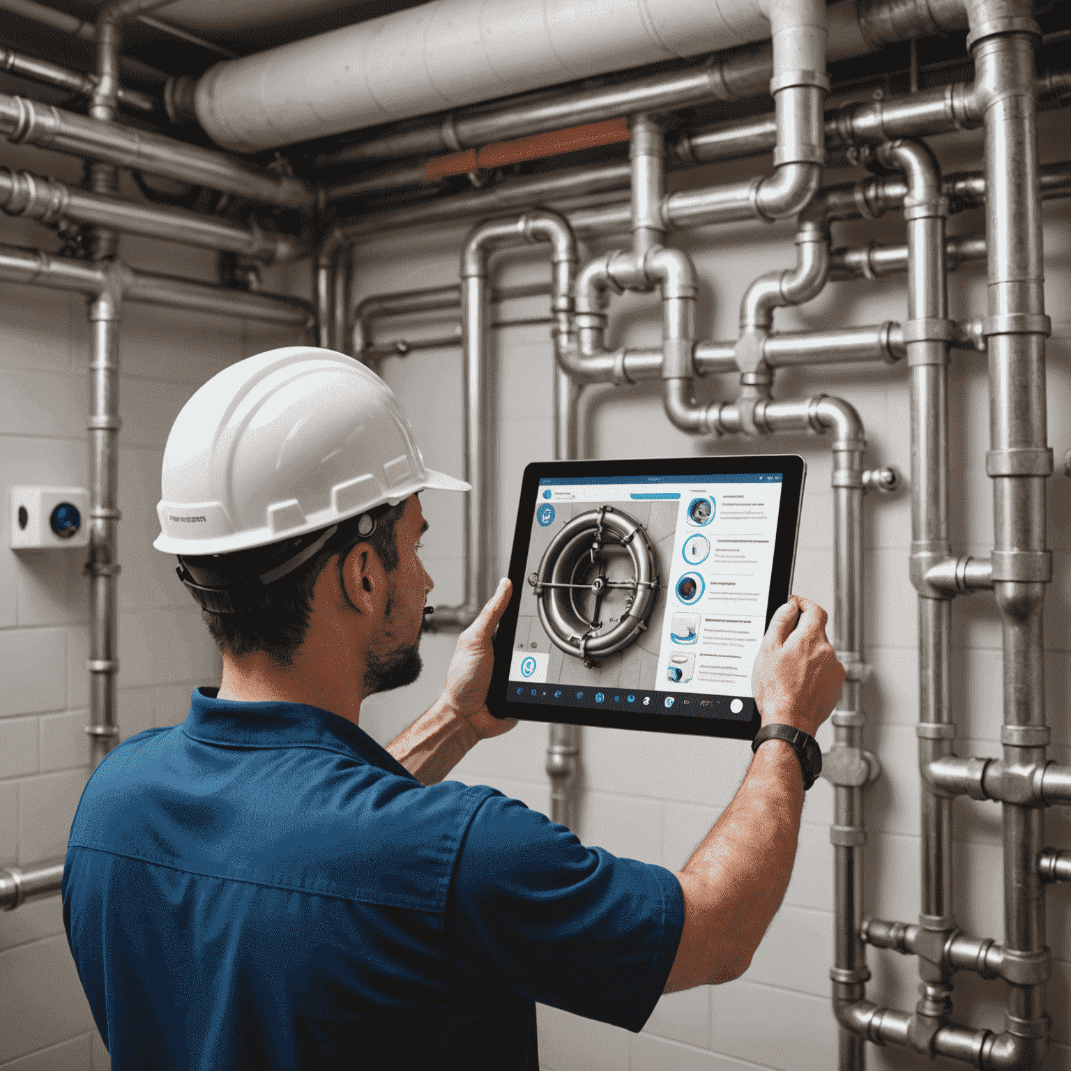 A plumber using a tablet with augmented reality to visualize pipes behind a wall, showing a 3D rendering of the plumbing system
