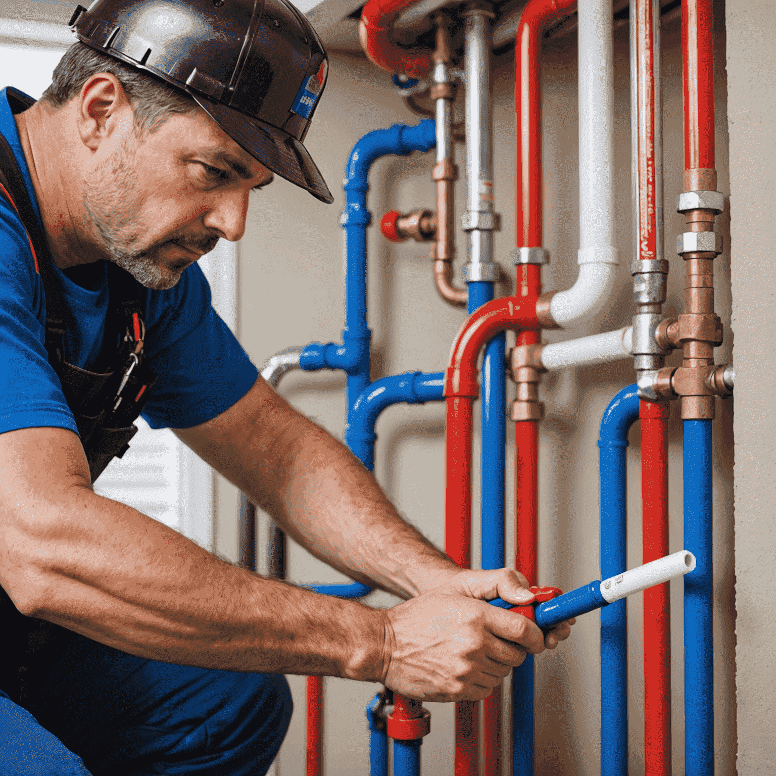 A plumber installing PEX tubing in a residential setting, showcasing the flexibility and ease of use of this sustainable piping material