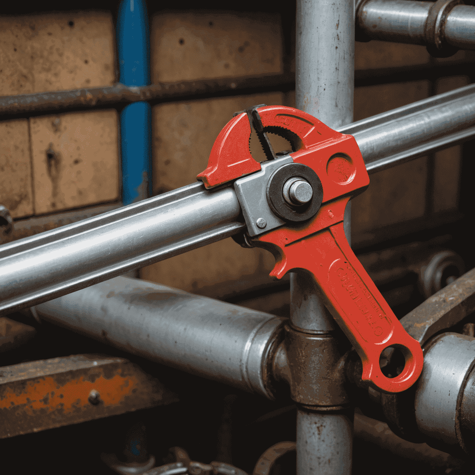 A red pipe wrench gripping a metal pipe, demonstrating its use in plumbing work