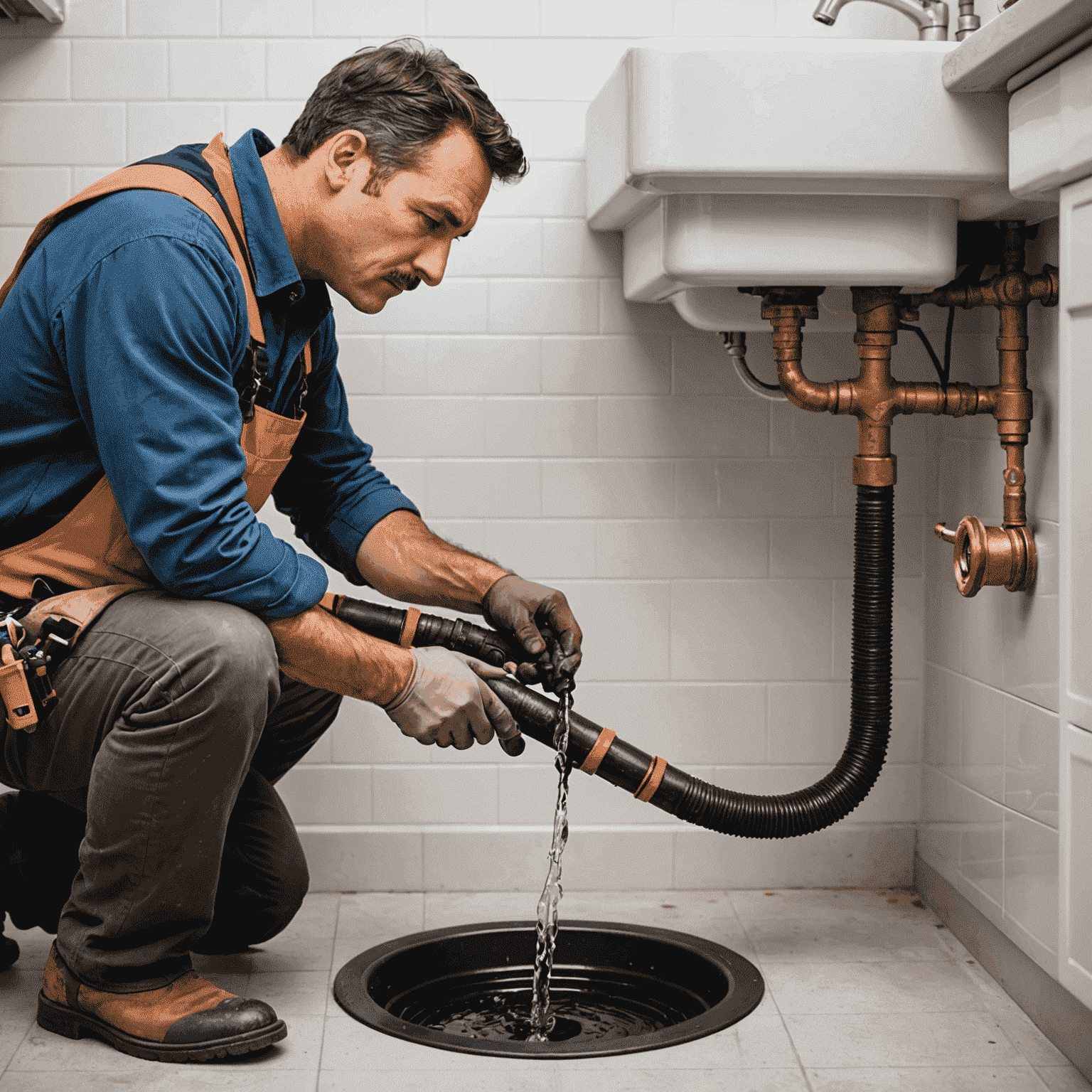 Plumber using a drain snake to clean a clogged pipe