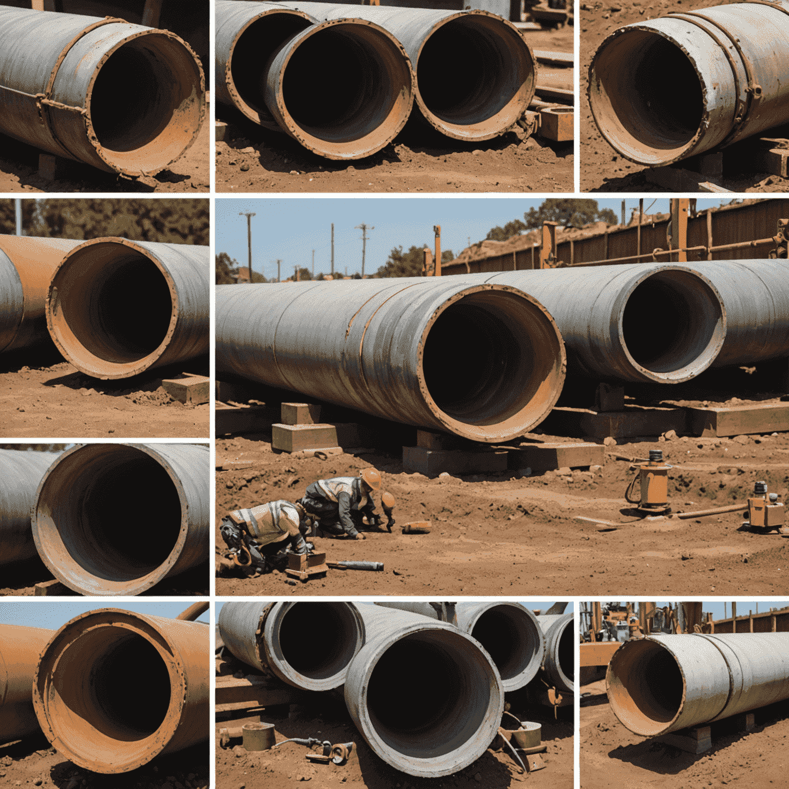 A collage showing the five steps of the pipe repair process. Each image depicts a different stage, from inspection with specialized tools to the final quality check of the repaired pipe.