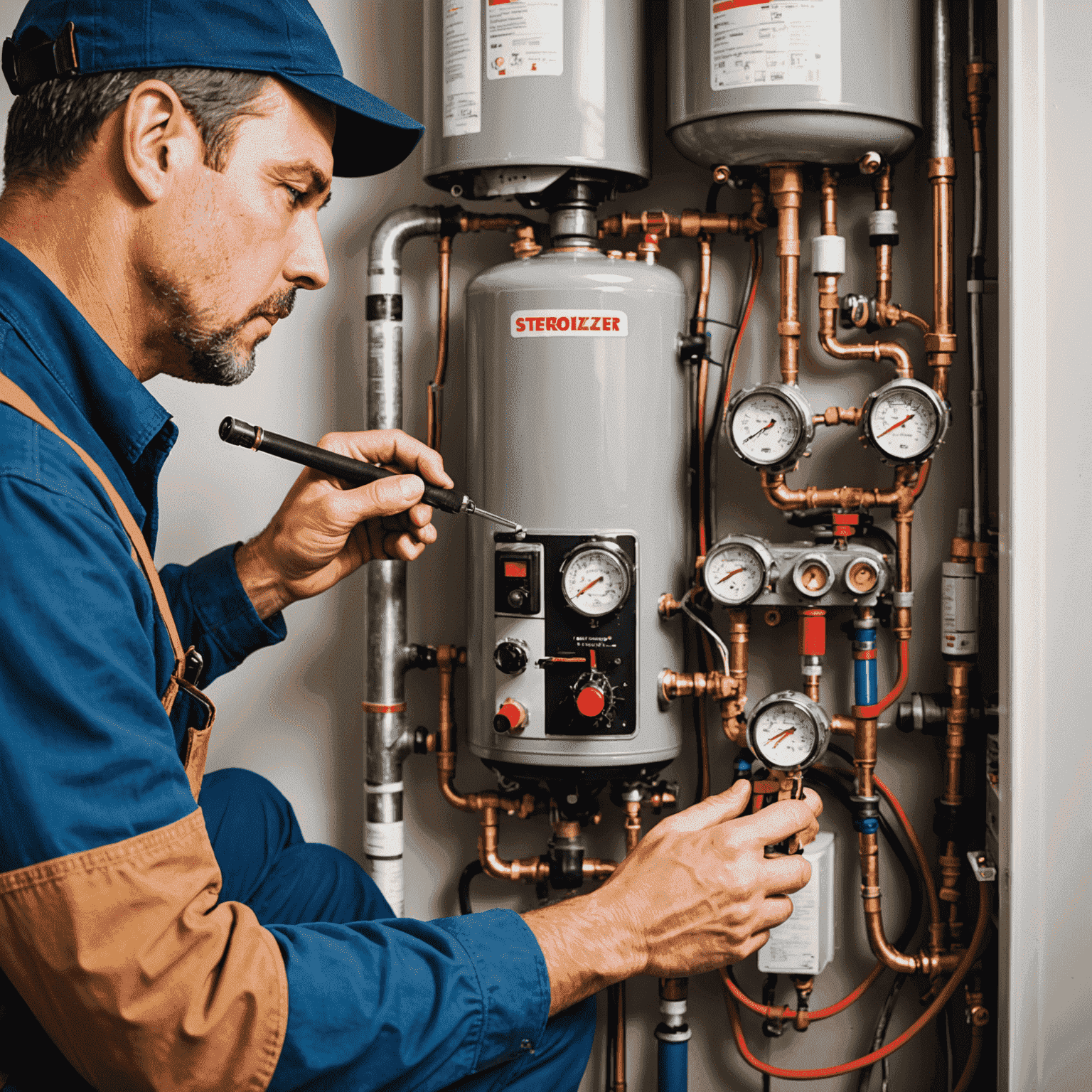 A plumber repairing a water heater, using specialized plumbing tools. The image shows the internal components of the heater and the precision work involved.