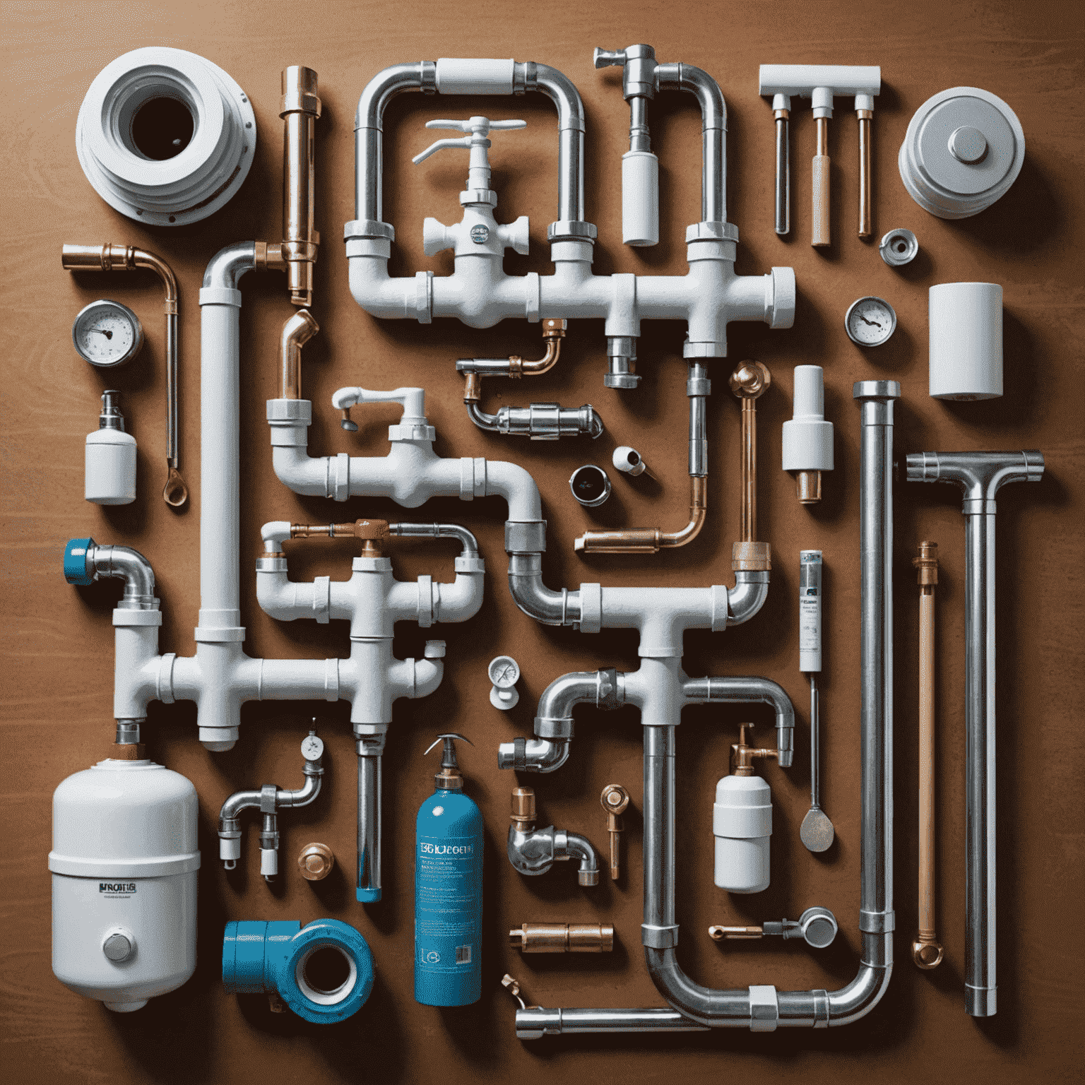 A collection of eco-friendly plumbing tools and materials, including water-saving fixtures, biodegradable pipe sealants, and energy-efficient water heaters