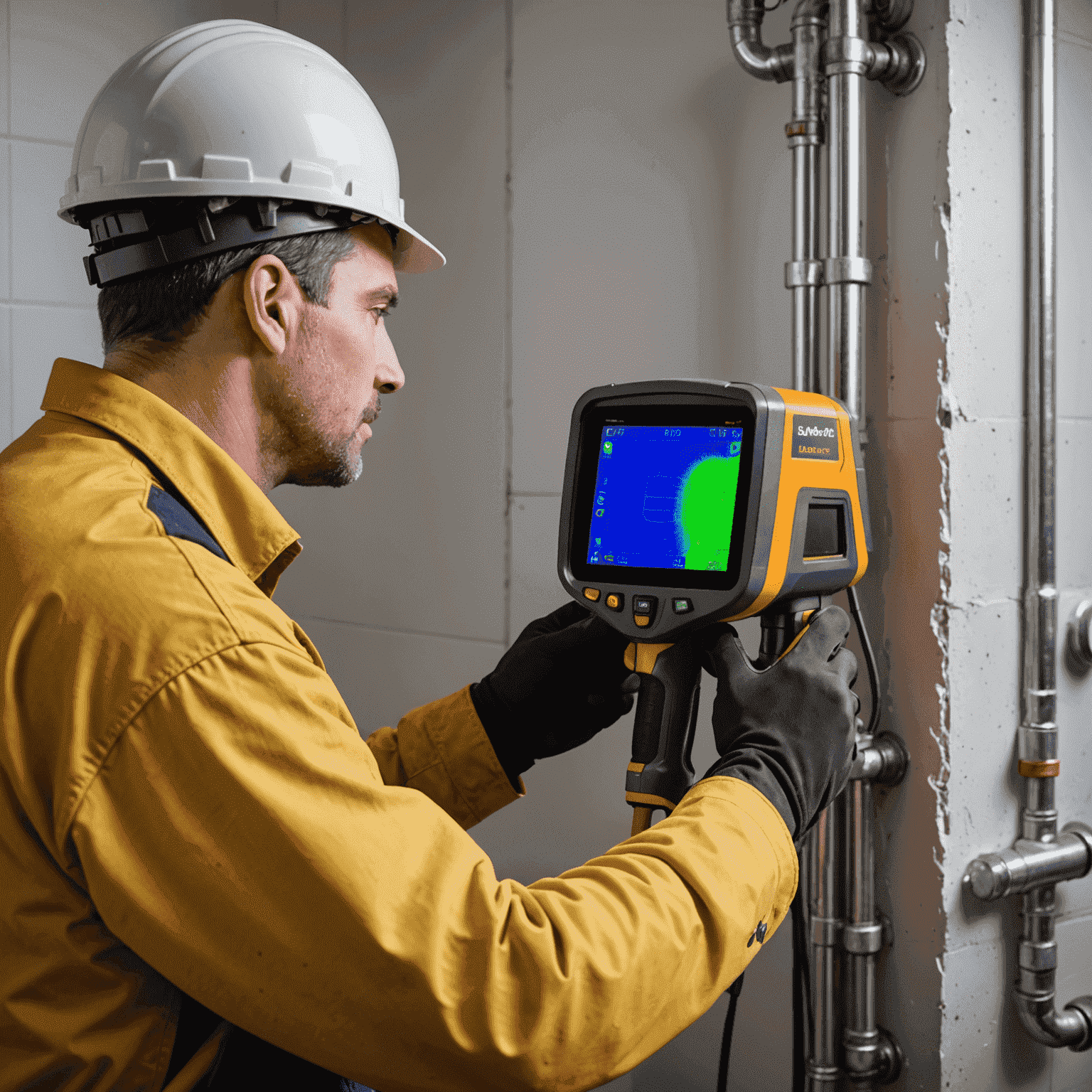 A plumber using a thermal imaging camera to detect hidden leaks in a wall, demonstrating the use of advanced technology in eco-friendly plumbing practices