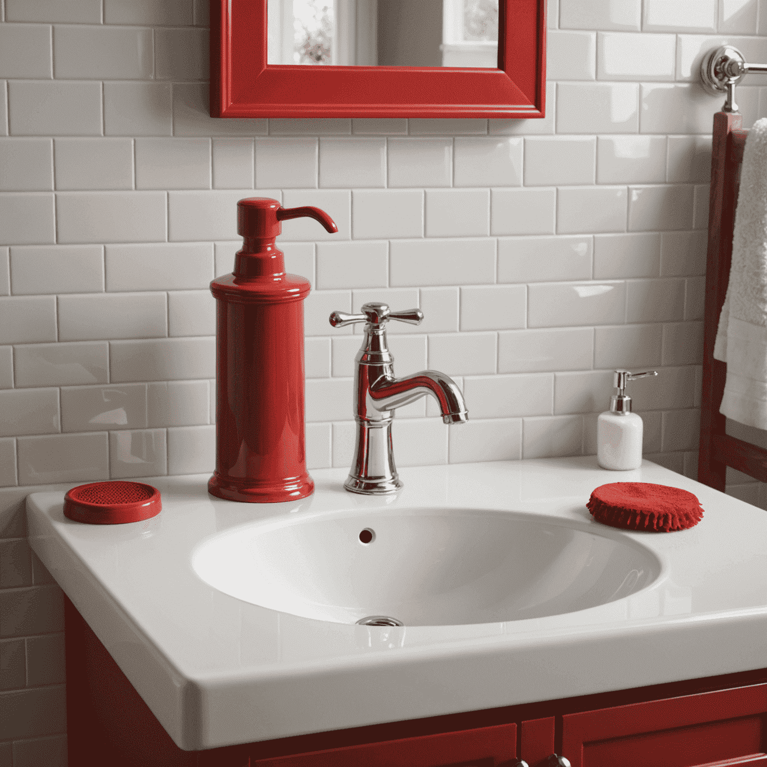 A red plunger next to a bathroom sink, ready to tackle clogs