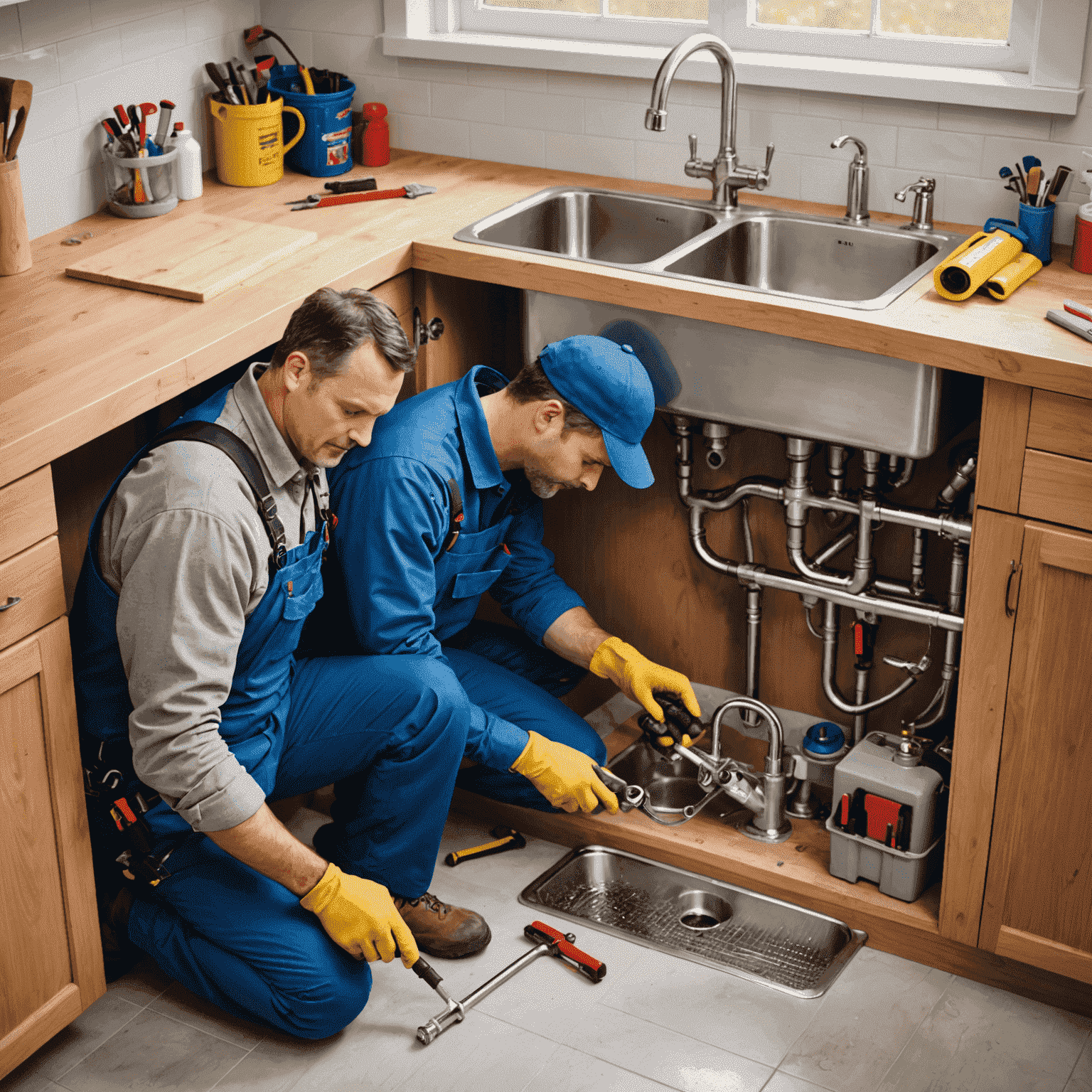 Plumber installing a new sink with various plumbing tools