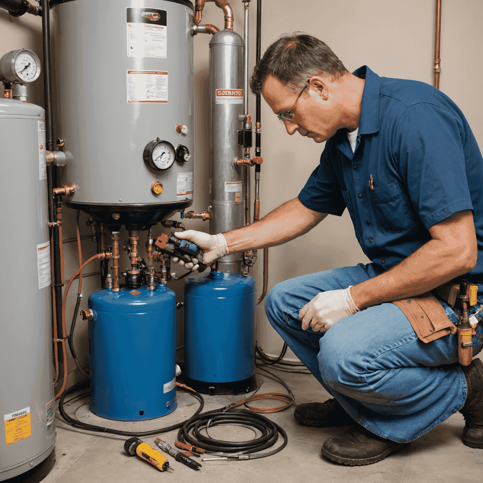 A technician performing routine maintenance on a water heater. The image shows the technician checking various components and using specialized plumbing tools for inspection.