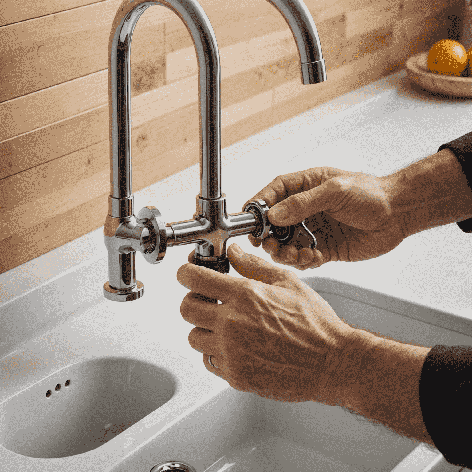 A basin wrench being used to tighten a faucet nut under a sink, showcasing its unique design