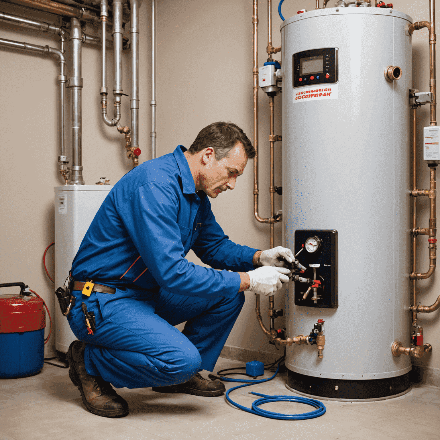 Plumber repairing a water heater with specialized equipment