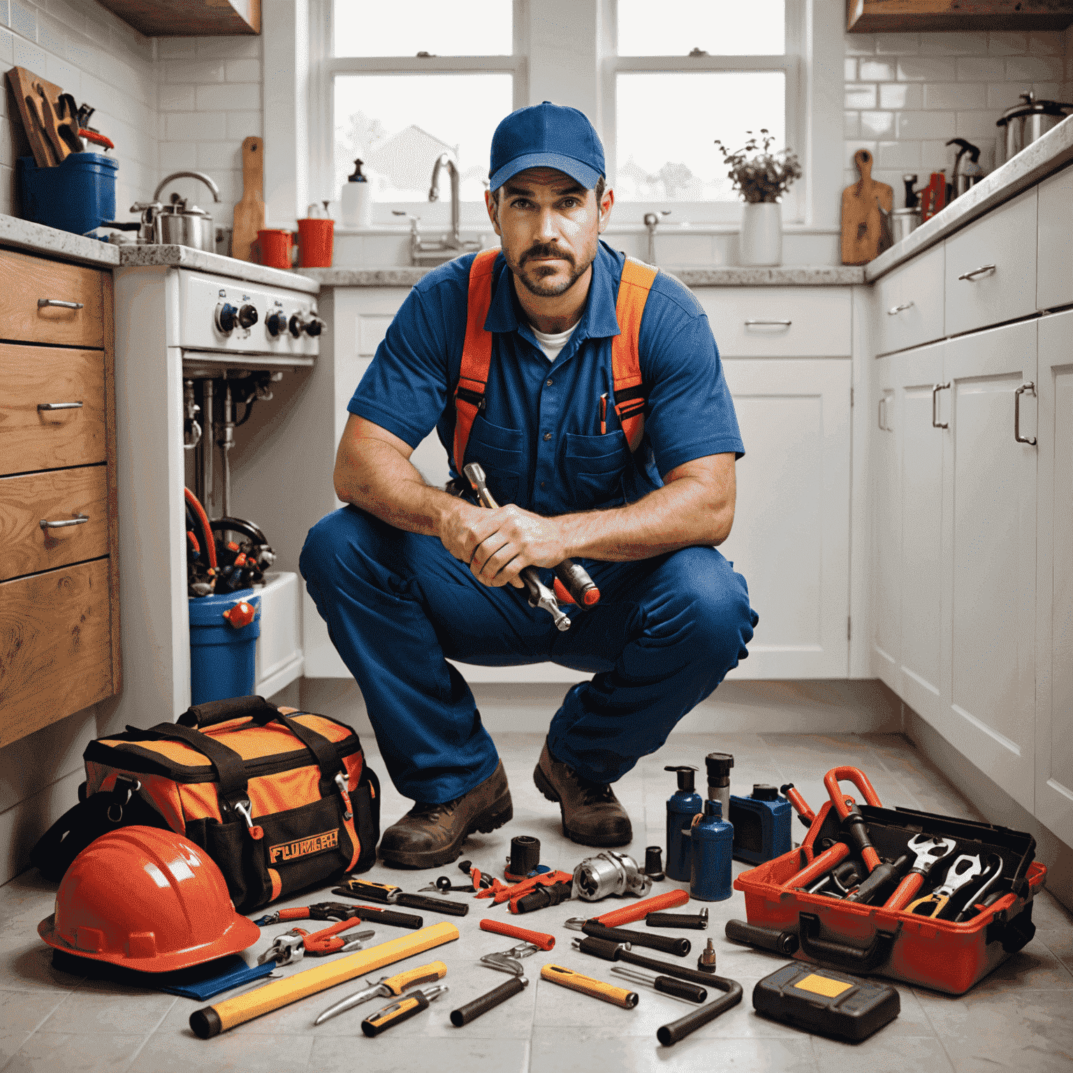 Plumber responding to an emergency call with a toolkit of plumbing equipment